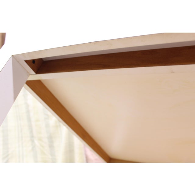 Beautiful Parsons style dining table, heavy wood with white laminate finish. (Unmarked, used by original owner with Pietro...