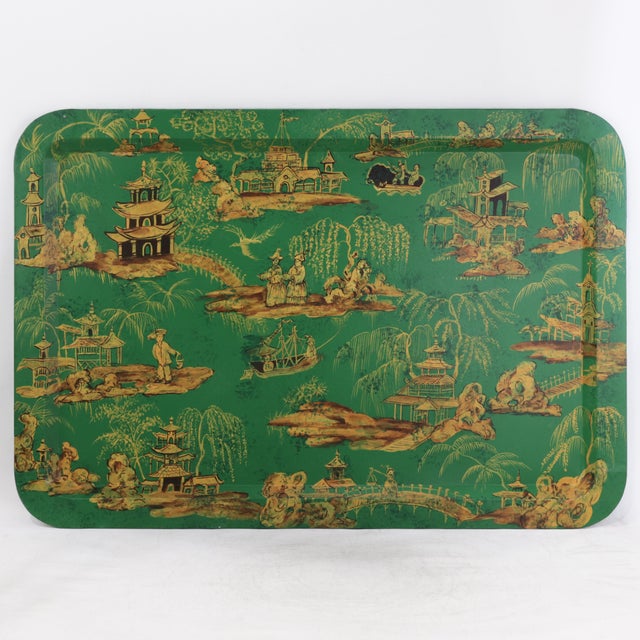 Vintage Hand Painted Chinoiserie Tole Tray Emerald Green and Gold Lacquer Rectangular Serving Tray For Sale - Image 4 of 16