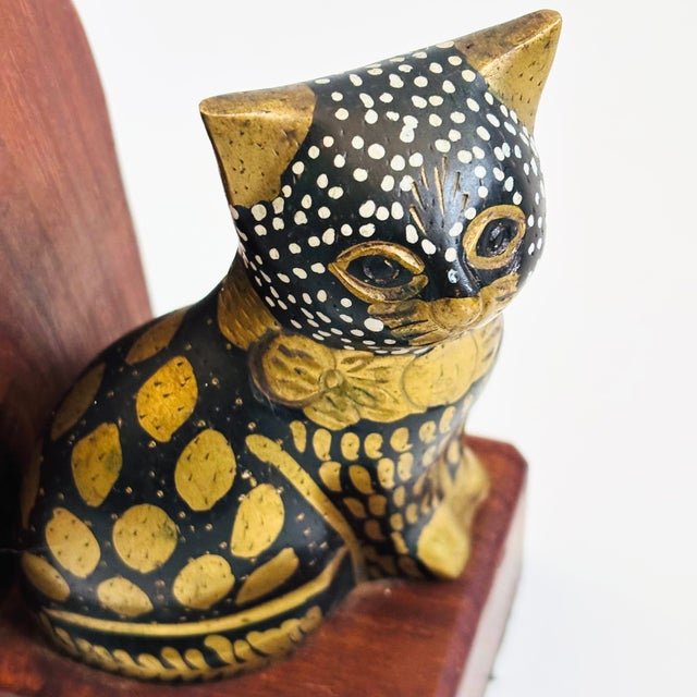 Brass Vintage Brass and Wood Cat Bookends - Set of 2 For Sale - Image 8 of 14