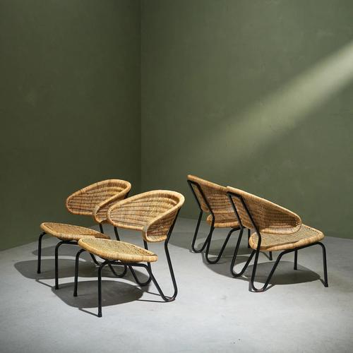 Wood Rattan Lounge Chairs with Black Tubular Steel Frames by Gebroeders Jonkers for Dirk van Sliedregt, Netherlands, 1960s, Set of 2 For Sale - Image 7 of 8