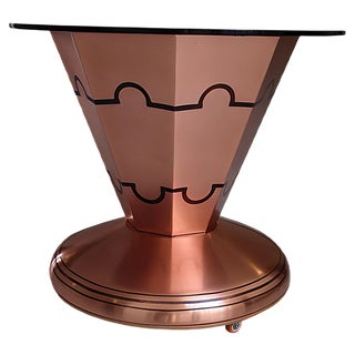 Art Deco Copper Beard Table on Wheels with Bottle & Glass Holder and Brown Frosted Round Glass Top, 1930s For Sale