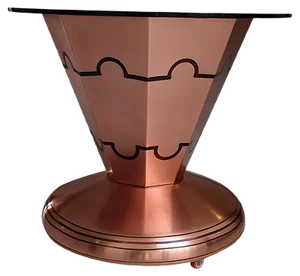 Art Deco Copper Beard Table on Wheels with Bottle & Glass Holder and Brown Frosted Round Glass Top, 1930s
