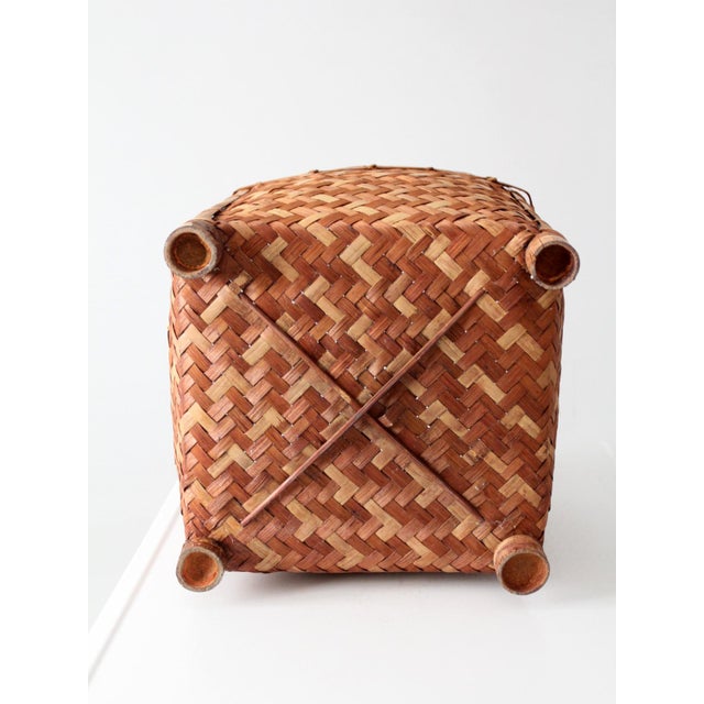 Vintage Woven Bamboo Storage Basket With Geometric Herringbone Pattern For Sale - Image 10 of 12