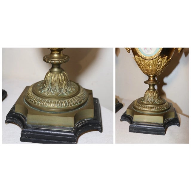 1930s Pair of Antique Ornate Gilt Bronze Porcelain Painting Urn Vase Garniture Ewer For Sale In New York - Image 6 of 12