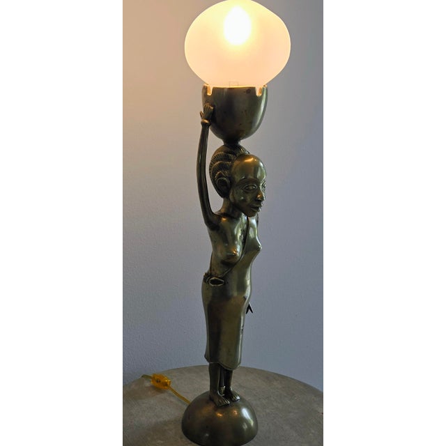 Mid 20th Century Vintage African Brass Figural Lady Table Lamp With Frosted Globe For Sale - Image 5 of 15