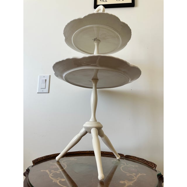 Wood Elegant Vintage White Two Tier Ceramic Serving Stand For Sale - Image 7 of 10