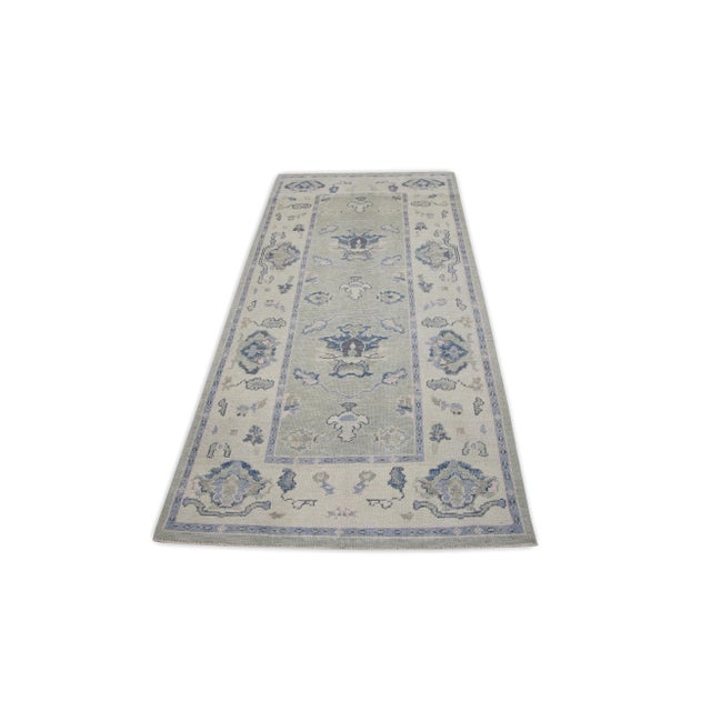 Early 21st Century Early 21st Century Green & Blue Handwoven Turkish Oushak Runner 3'8" X 7'8" For Sale - Image 5 of 6
