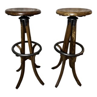 Early 20th Century Vintage Oak Tall Architect's Stools - a Pair For Sale