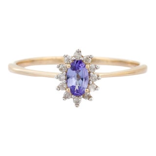 14k Solid Yellow Gold Ring With Natural Tanzanite & Halo Diamonds (All Size Available) For Sale
