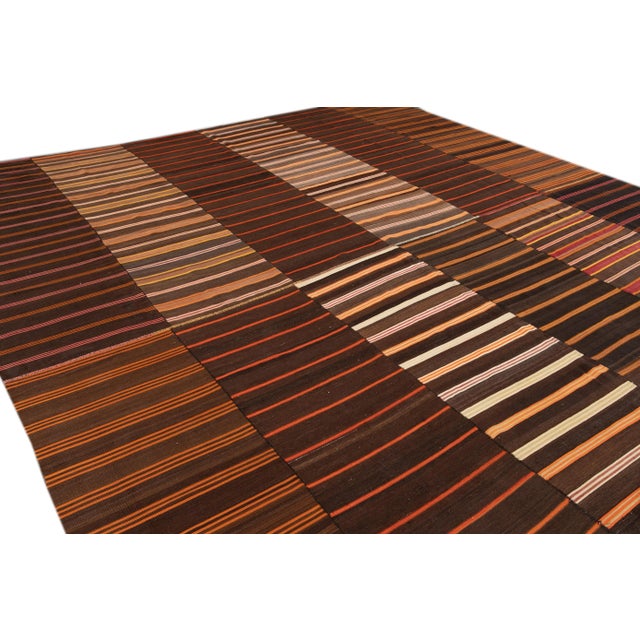 Mid-Century Striped Flatweave Handmade Brown Wool Rug For Sale - Image 9 of 11