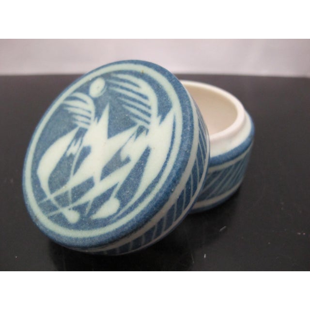 Blue Abstract Graphic Design Round Lidded Studio Pottery Box For Sale - Image 10 of 10