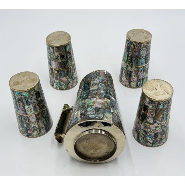 1960s Mexican Abalone Inlay Alpaca Silver Pitcher & 4 Tumblers Barware Set For Sale - Image 9 of 18