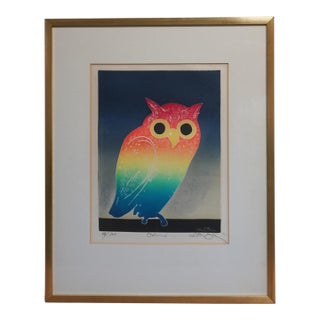 1970s Framed and Signed Rainbow Owl Lithograph by Motoi Oi For Sale