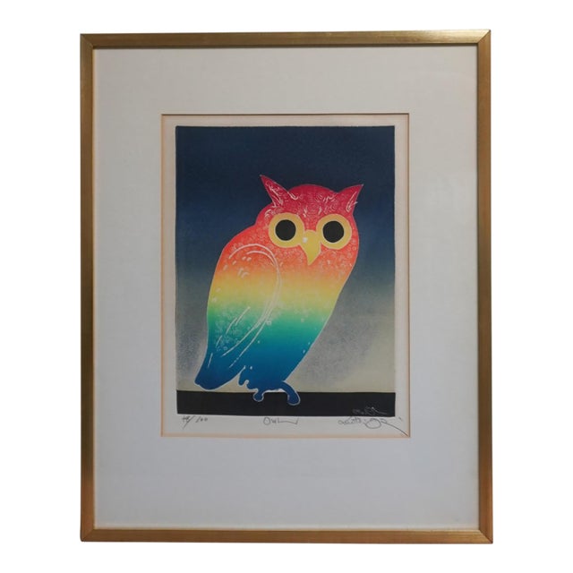 1970s Framed and Signed Rainbow Owl Lithograph by Motoi Oi For Sale