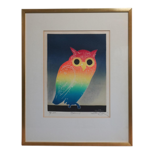 1970s Framed and Signed Rainbow Owl Lithograph by Motoi Oi