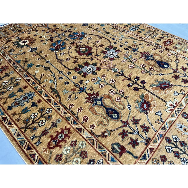 Gold Persian Style Sultani Floral Wool Rug in Golden Beige, Burgundy and Blue, 5'2" X 6'6" For Sale - Image 8 of 17
