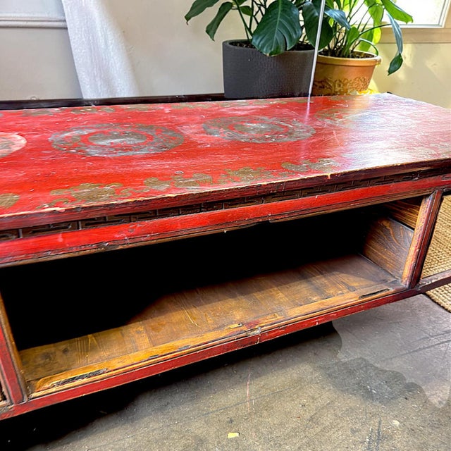 Red Vintage Chinese Red Lacquer Low Kang Coffee Table With Drawers, Hand-Painted, Mid-20th Century For Sale - Image 8 of 14