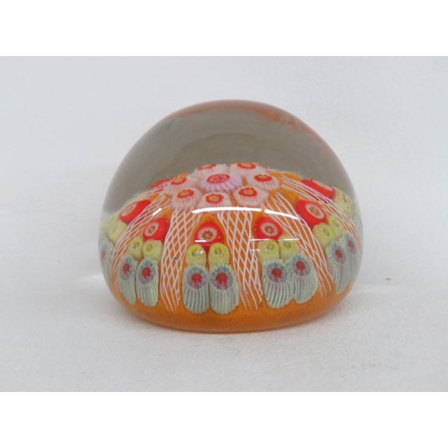 Glass Orange and Yellow Millefiori Art Glass Rounded Paperweight White Latticino 4846b For Sale - Image 7 of 12