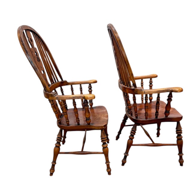 Early 20th C Windsor Chair Pair Set of Two Elm Wood England Arms Antique Vintage For Sale - Image 13 of 18