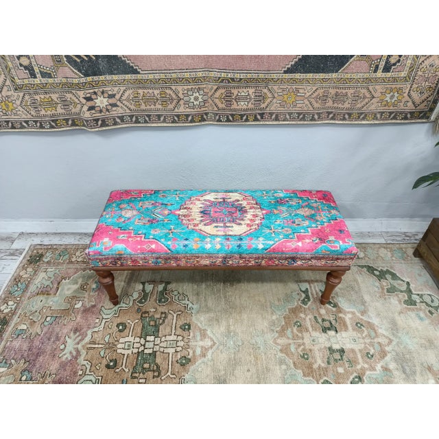 Bohemian Rug Print Fabric Upholstered Handmade Walnut Bench For Sale - Image 11 of 13