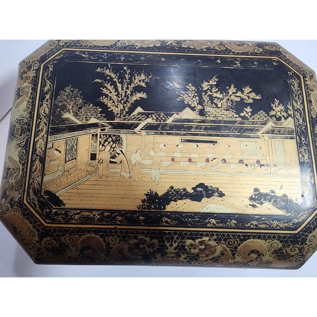 Beautiful details showing normal life in 19th Century China are depicted on this beautiful wood box. The lid is circled in...
