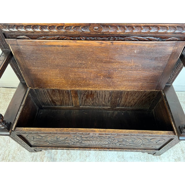 Antique French Normandy Carved Oak Bench Chest For Sale - Image 11 of 11