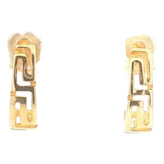 Late 20th Century Pair of Gold Greek Key Half Hoop Earrings For Sale