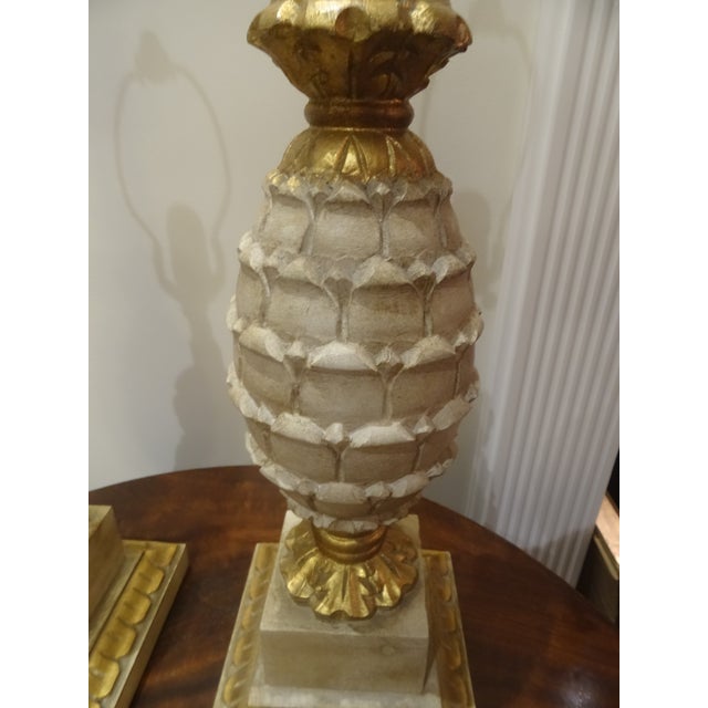 Wood Vintage Gilt and Pickled Wood Carved Lamps - a Pair For Sale - Image 7 of 9
