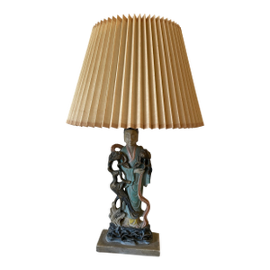 Vintage 1940s Chinoiserie Guanyin Figural Chalkware Lamp With Crane Motif, Paired With Stiffel Pleated Shade.