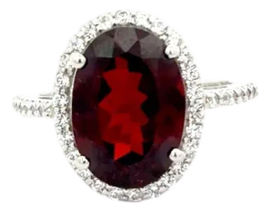 Elegant Oval Garnet Halo Ring With Cubic Zirconia Accents in 925 Silver - Size 7.5