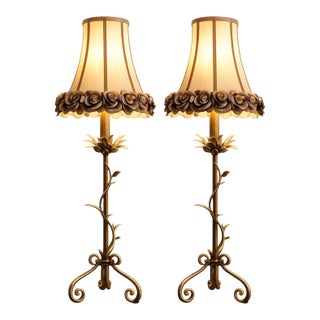 Late 20th Century Hollywood Regency Gilt Tole Vine Lamp Pair With Rose Petal Shades - a Pair For Sale
