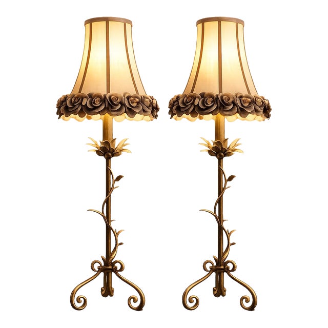 Late 20th Century Hollywood Regency Gilt Tole Vine Lamp Pair With Rose Petal Shades - a Pair For Sale