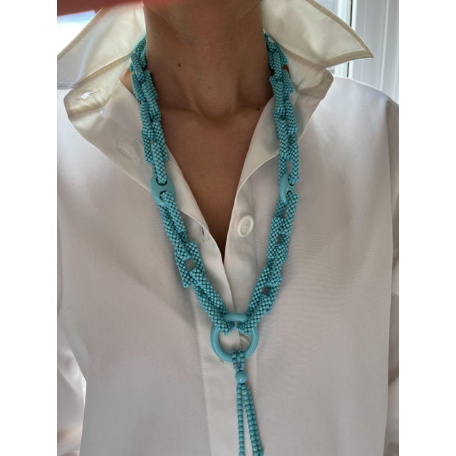 Teal Blue Turquoise Round Fancy Beads Long Tie Unique Tassel Statement Necklace For Sale In Washington DC - Image 6 of 10