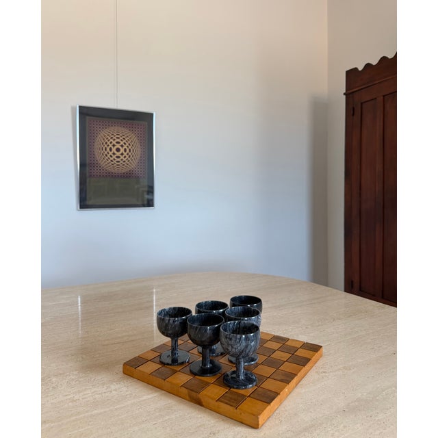 Contemporary Carved Marble Stemware (6 Goblets) Displayed on Handmade Chess/Checkerboard 1969 For Sale - Image 3 of 14