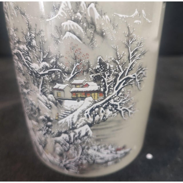 Chinese Ceramic Pot,Famille Rose Porcelain Brush Pot Hand Painted Snow Scene Landscape Pattern For Sale In Seattle - Image 6 of 9