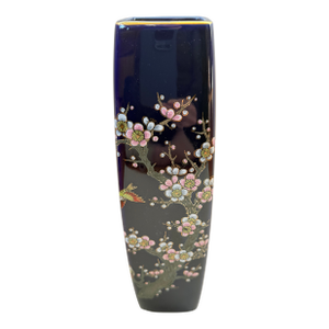 Handpainted MCI Japan Porcelain Cobalt Vase With Cherry Blossom and Bird Motif