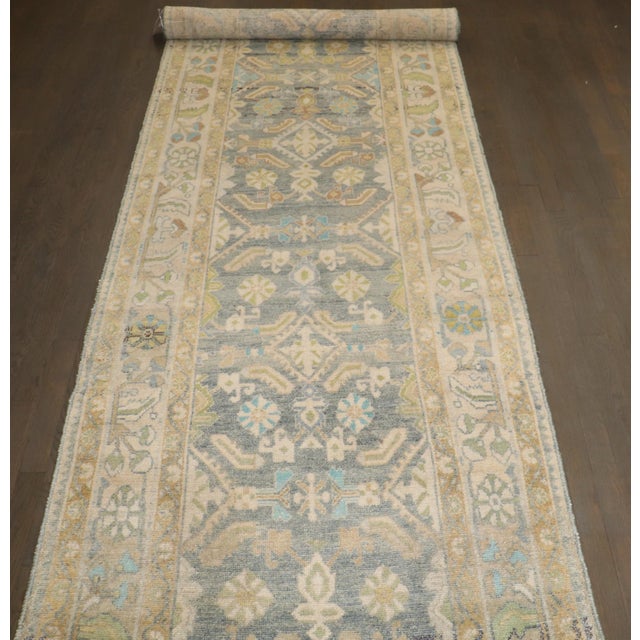 Long Hamedan Sky Blue Chartreuse Runner rug no. j5211 For Sale - Image 4 of 9