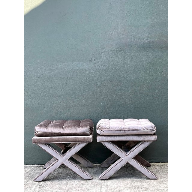 Vintage Tufted Velvet X Benches - A Pair For Sale - Image 12 of 12