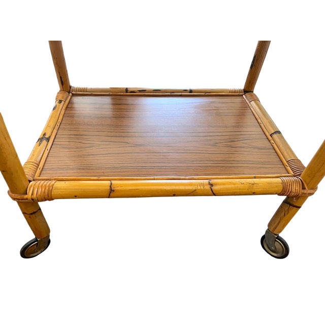 1960s Burnt Bamboo & Rattan Wrapped Two-Tier Drinks or Bar Cart on Casters For Sale In Jacksonville, FL - Image 6 of 12
