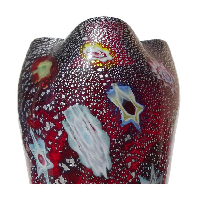 AVeM Italy Vintage Murano AVeM Red Millefiori Flowers Murrine Silver Flecks Italian Art Glass Pinched Rim Flower Vase For Sale - Image 4 of 12