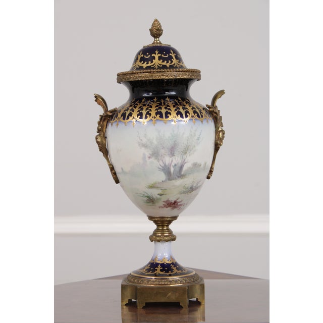 Pair of 1950s Sevres Cobalt Blue Porcelain Painted Urns W. Lids For Sale In Philadelphia - Image 6 of 18