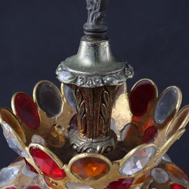 Mid Century Modern Chunk Polychrome Jewel & Gilt Frame Hanging Light For Sale - Image 6 of 8
