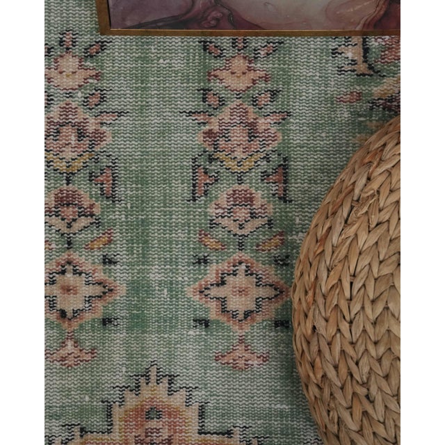 1970s Vintage Handmade Wool Cotton Green Area Rug For Sale - Image 4 of 12