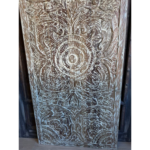 2000 - 2009 Vintage Carved Wood Lotus Medallion Barn Door | Artisan Headboard Wall Panel 80x36 For Sale - Image 5 of 7