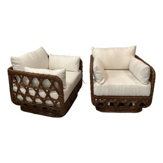 Pair Danny Ho Fong Tanganika Tropi-Cal Club Lounge Chairs Basket Rattan Boucle Restored For Sale