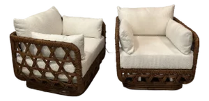 Pair Danny Ho Fong Tanganika Tropi-Cal Club Lounge Chairs Basket Rattan Boucle Restored