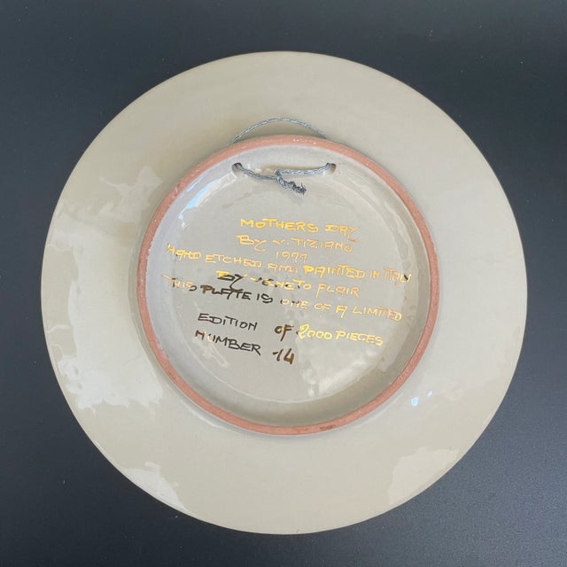 A vintage 70s "Mother's Day" Italian art pottery decorative wall plate by Vincente Tiziano. Hand etched and hand painted,...