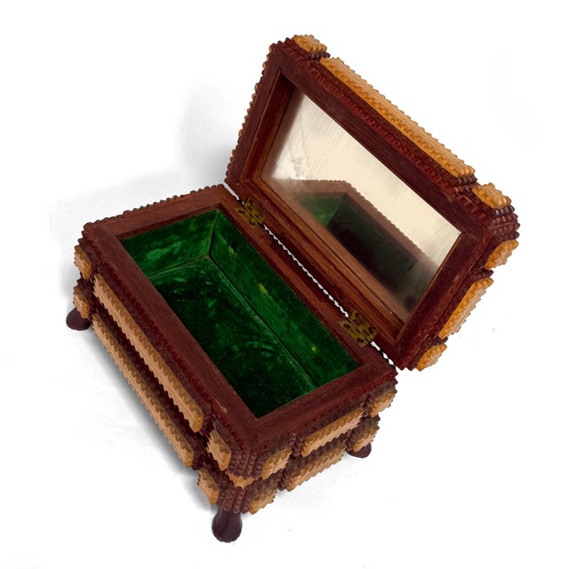 Antique Footed Two-Tone Tramp Art Jewelry Box With Mirror For Sale - Image 9 of 10