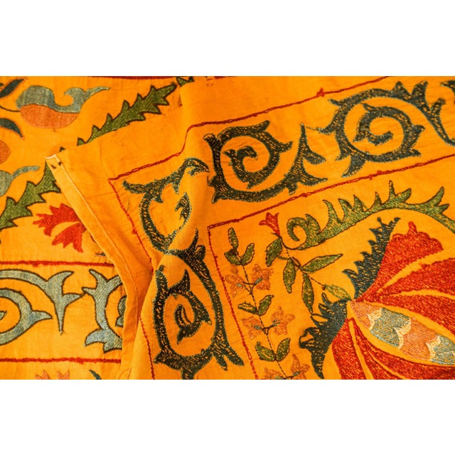 Large Vintage Embroidered Uzbek Suzani Yellow Blue Red For Sale In Palm Springs - Image 6 of 12