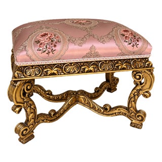 French Rococo Style Tufted Bench – Gold Leaf Carved Frame With Pink Floral Damask Upholstery For Sale